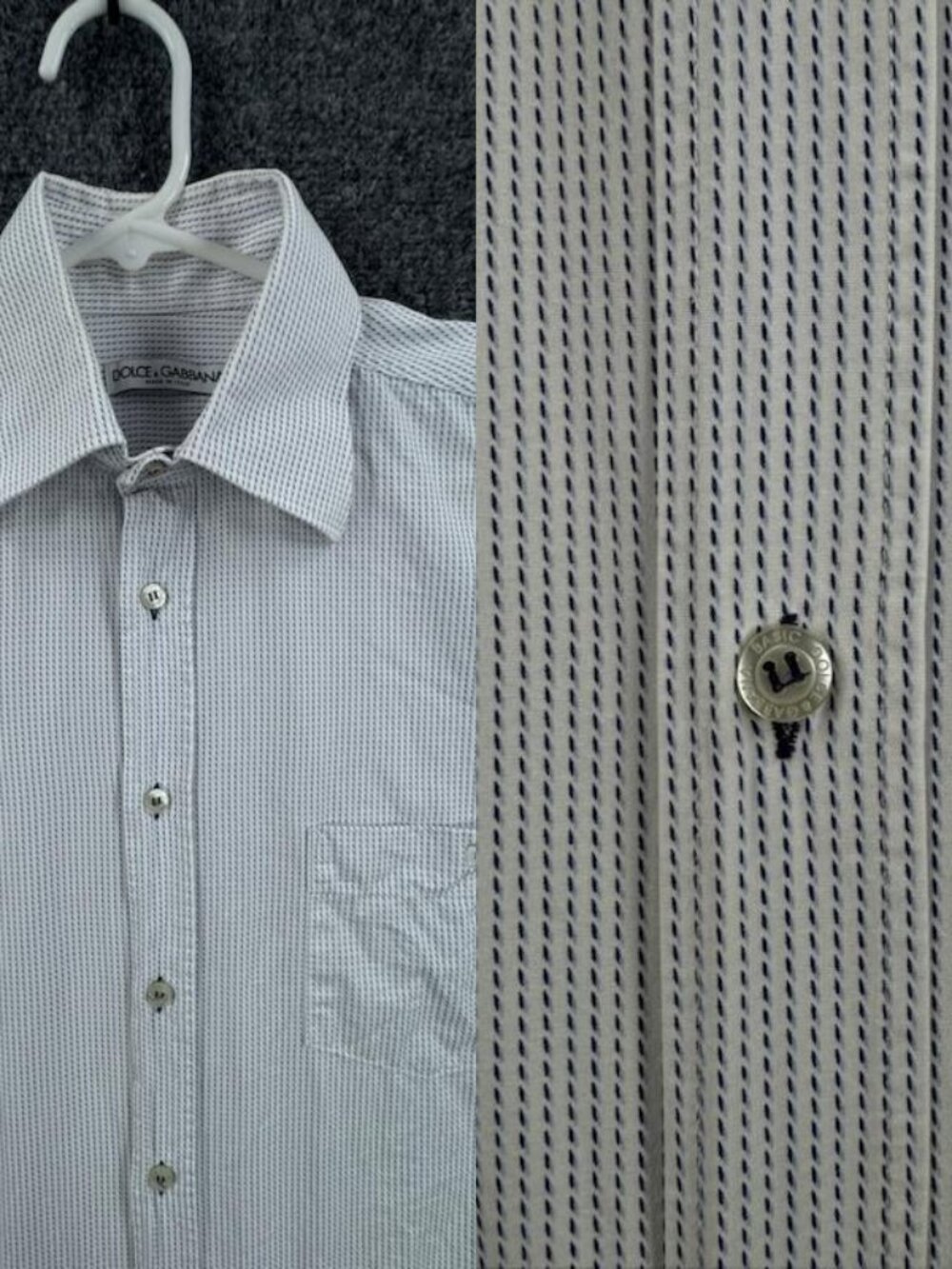 Dolce Gabbana 15.75 Men Striped Italy Logo White Blue Long Sleeve Pocket Shirt